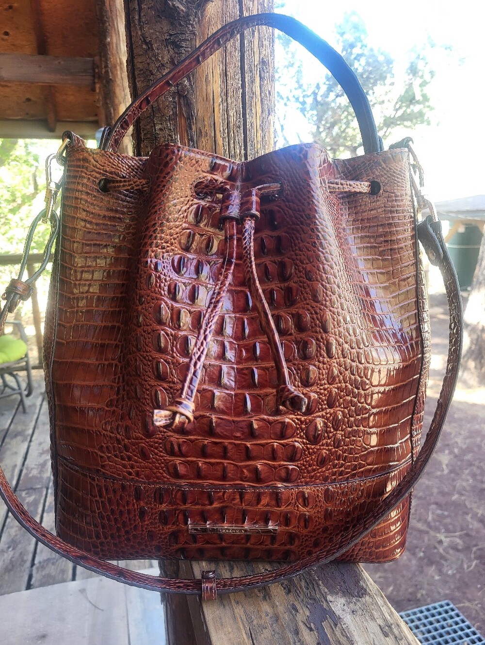 Brahmin Marlowe Melbourne Chestnut Croc-Embossed Drawstring Bucket Bag